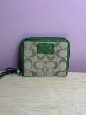 Coach Poppy Signature Canvas Wallet with Green Trim